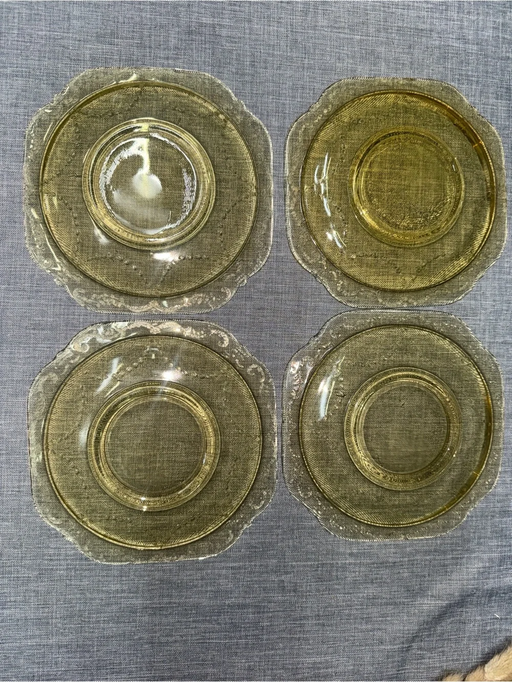 Vintage Amber Depression Glass Saucers Set of 4 Scroll Border Tea Cup Plates